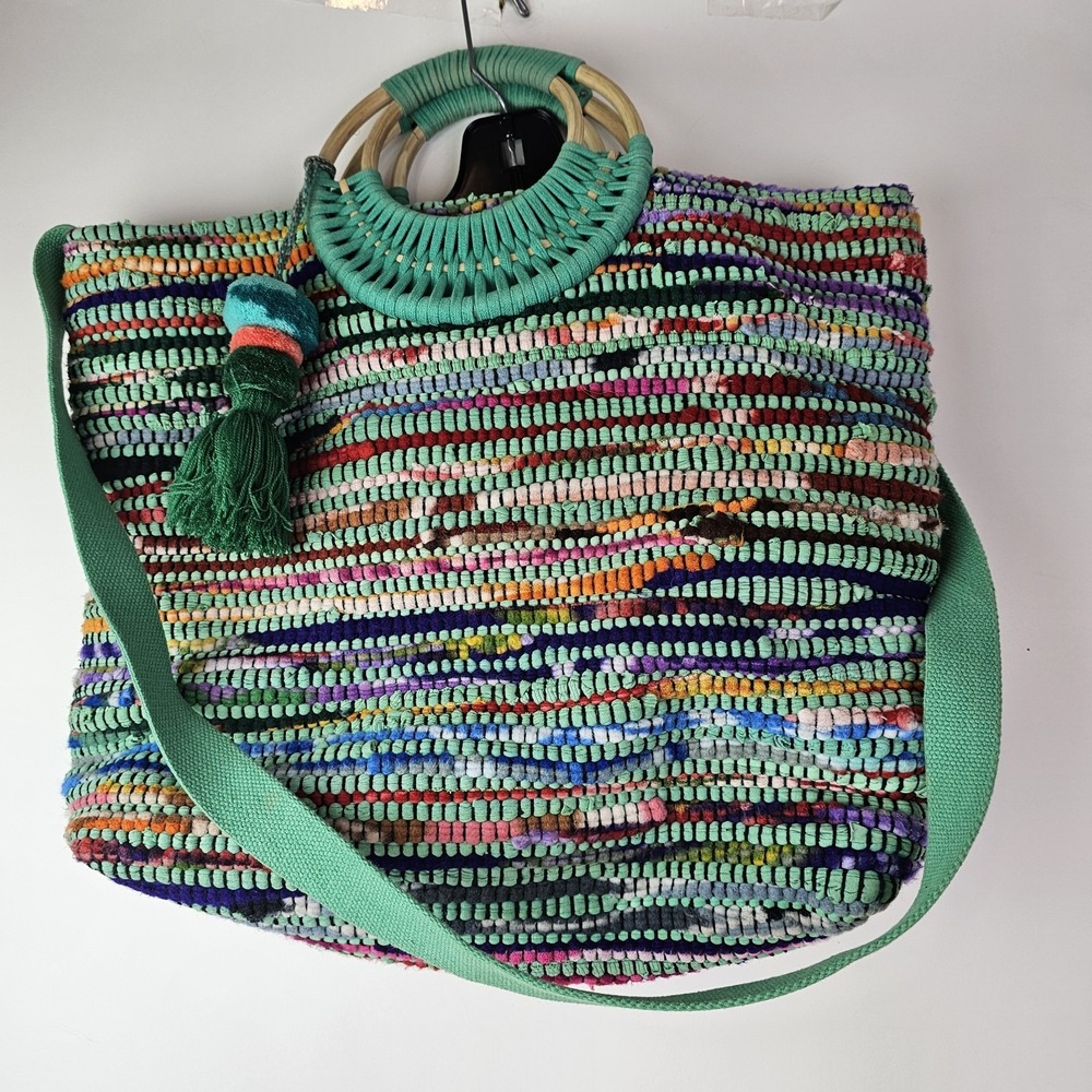 America & Beyond Blue Handwoven Upcycled Tote Bag Wicker Handles Boho‎ Coastal